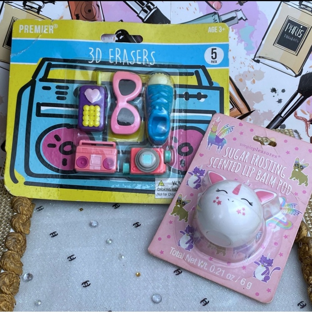 Simple pleasures Bunny lip balm and cute 3D errasers bundle